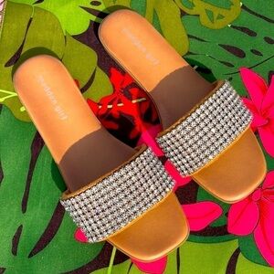 Brand New Madden Girl Rhinestone Large Strap Slides Sparkly Bling Sandals